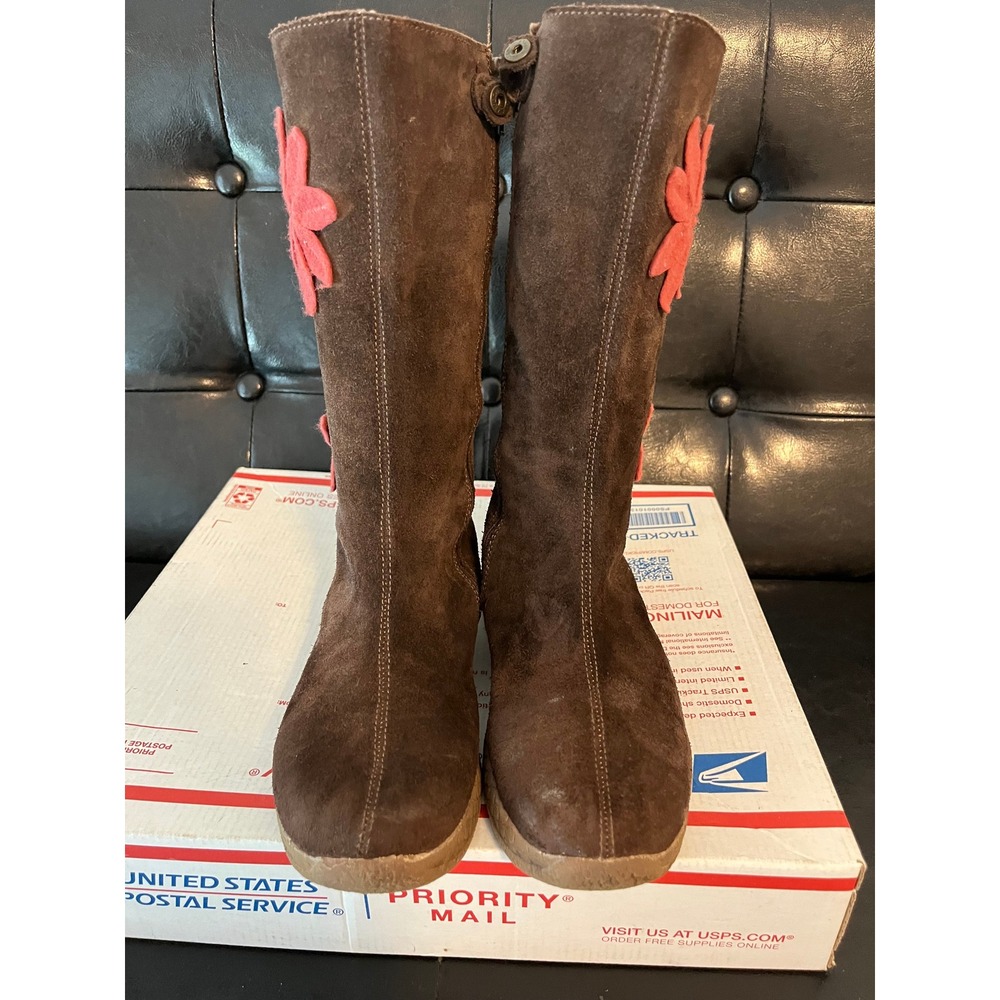 Primigi Brown Suede Tall Boots Pink Flower Applique Leather Lining EU 34 - Picture 3 of 8